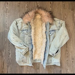 Fur lined denim jacket with pink trim